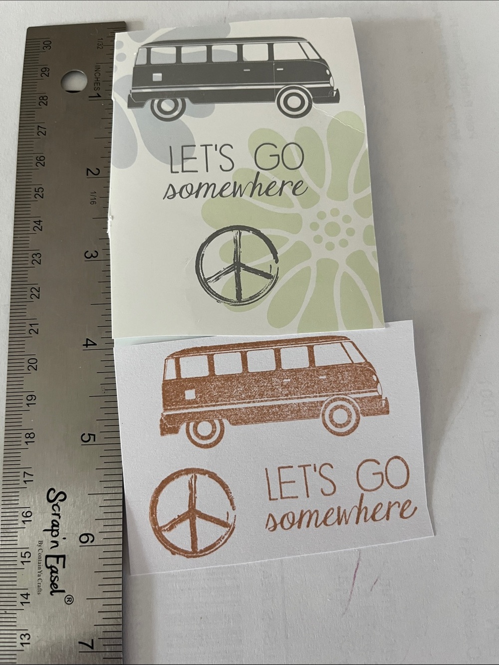 Let's Go Somewhere Van & Peace Sign Rubber Stamps - Green & Brown